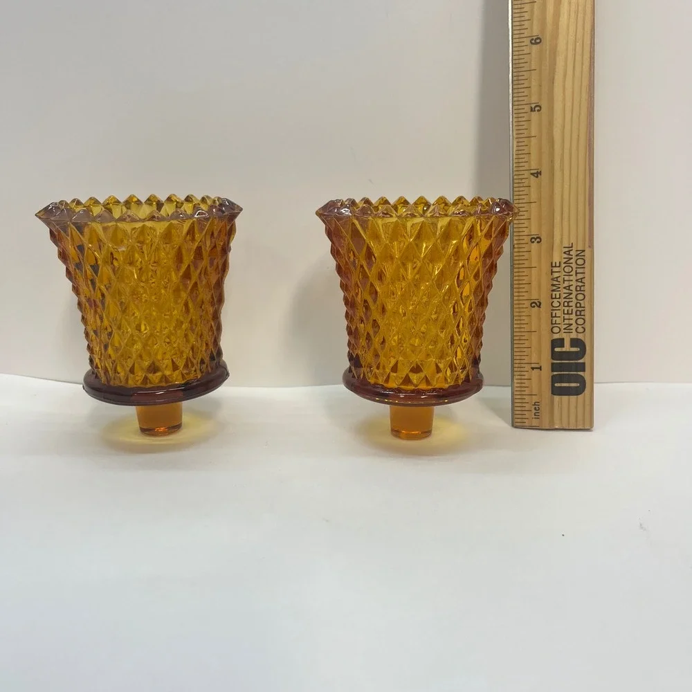 Vintage Amber‎ Glass Diamond Point Peg Votive Candle Holder Set of 2 Mid Century